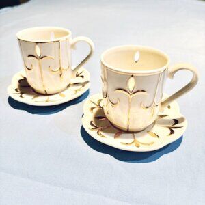 Set of 2 Vintage Partylite Teacup Votive Candle Holders – Ivory with Gold Trim